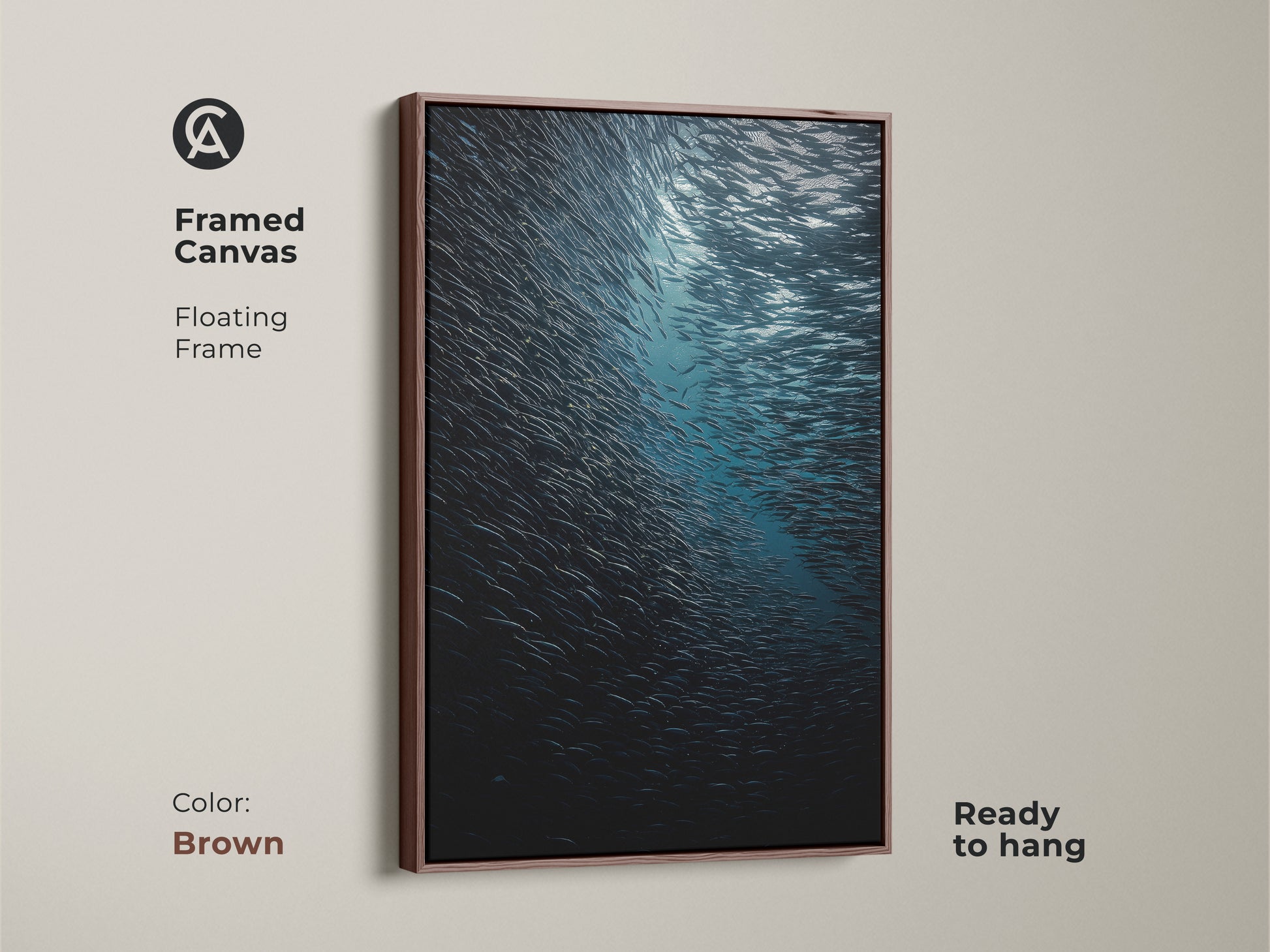 Framed canvas featuring deep sea wildlife with a brown floating frame. The teal blue ocean artwork captures a school of fish underwater. This coastal wall art is a realistic marine life print ready to hang. Ideal nautical home decor.