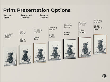 Explore print presentation options for Highland cow art. Choose from poster print stretched canvas or framed canvas. Options include black brown antique gold and white frames. Find the perfect style for your farmhouse bathroom decor. A great gift for cow enthusiasts.
