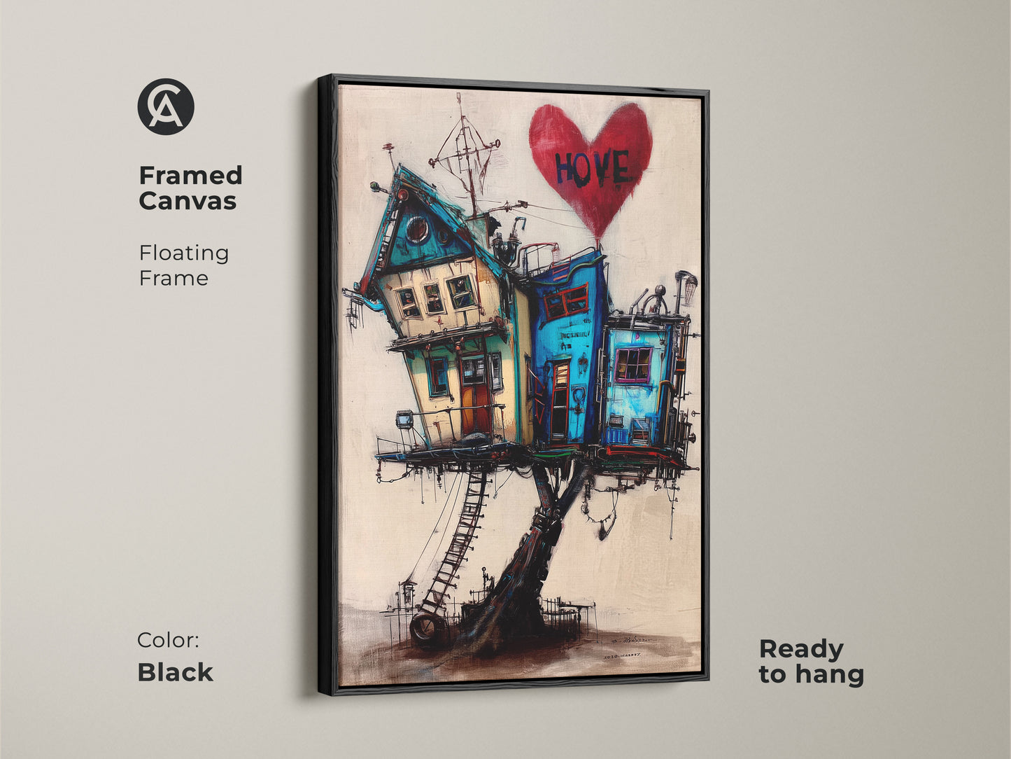 A framed canvas showcases surreal house art. The artwork features a whimsical house on stilts with a floating frame. Ready to hang this eclectic home decor art brings character to any room. The teal and blue accents make it a modern art piece.
