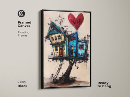 A framed canvas showcases surreal house art. The artwork features a whimsical house on stilts with a floating frame. Ready to hang this eclectic home decor art brings character to any room. The teal and blue accents make it a modern art piece.