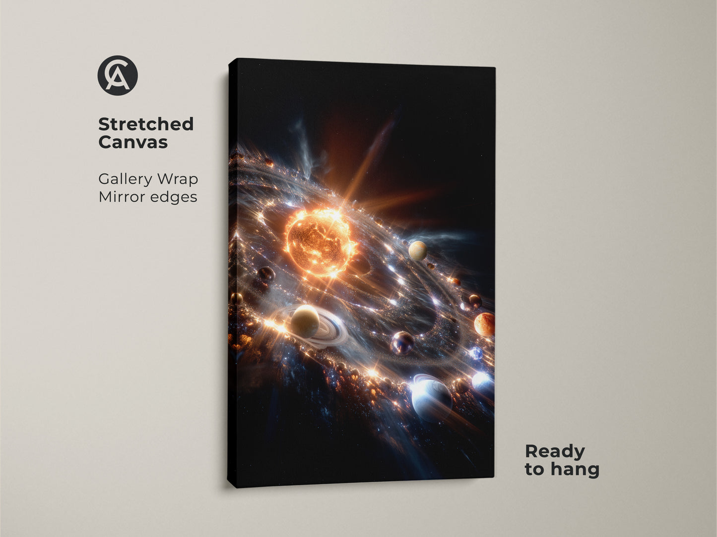 Stretched canvas artwork features a mesmerizing solar system illustration. The bright sun and orbiting planets create a captivating visual. This gallery-wrapped canvas has mirror edges. It's ready to hang and adds a modern touch to your space. Ideal for astronomy art collectors.