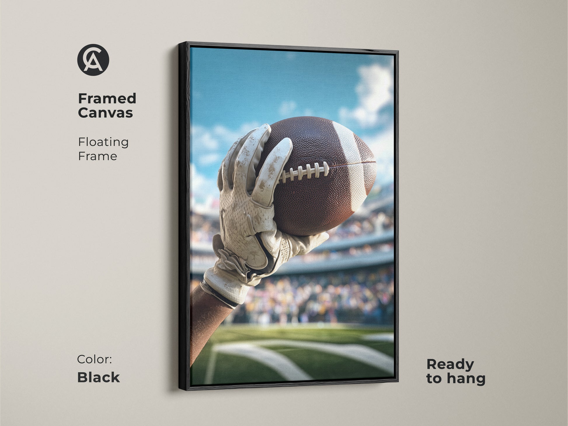 Framed canvas with a floating frame showcasing realistic football art. This black frame enhances the sports theme. Ready to hang wall decor for your man cave.