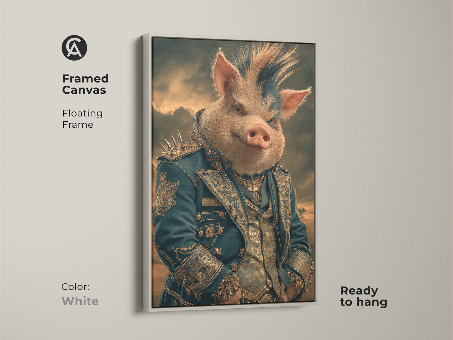 Print presentation options of a regal pig aristocrat. See options of poster print stretched canvas and framed canvas. Gothic fantasy pig artwork is a perfect unique office art gift and addition to any home decor.