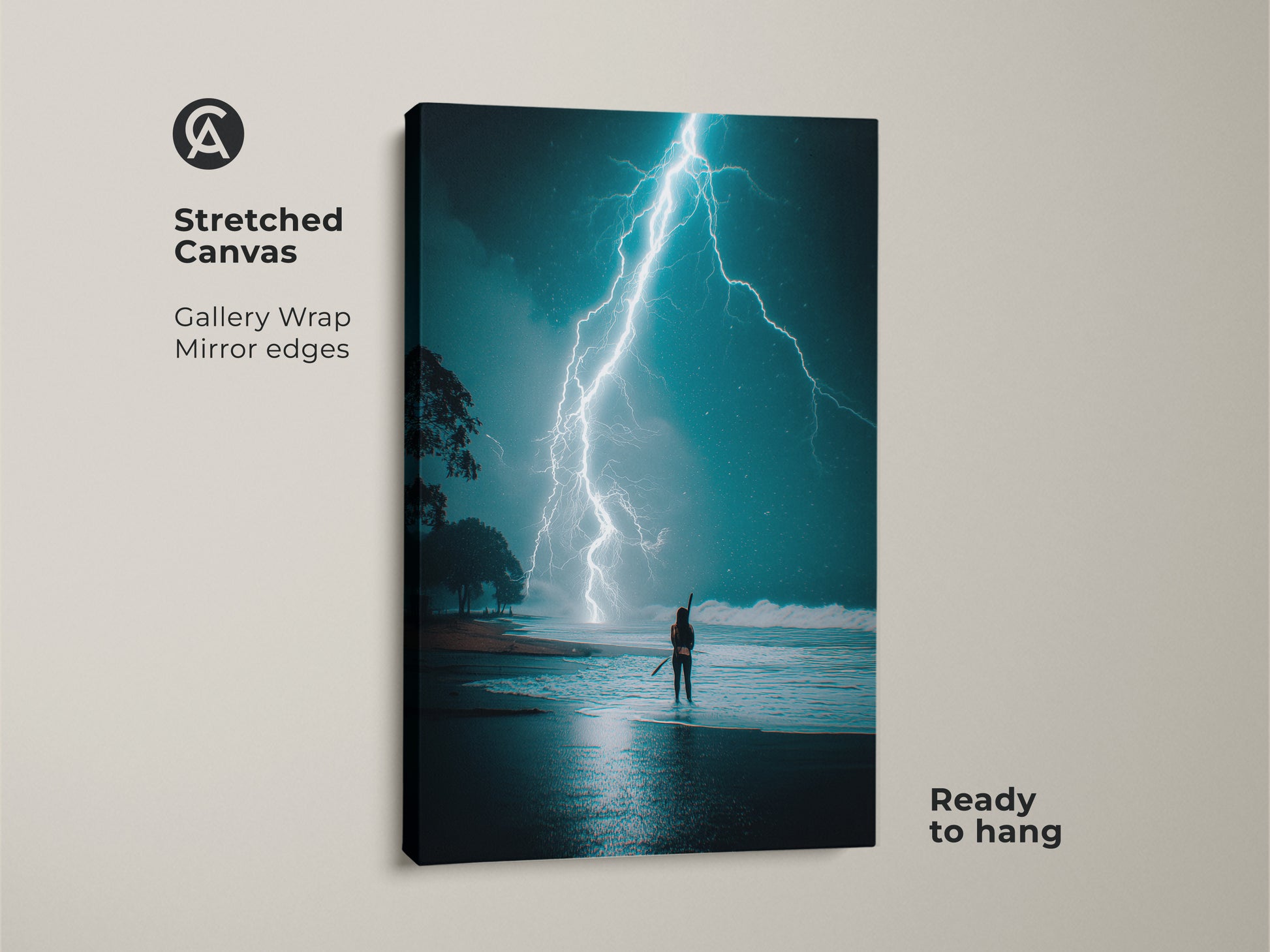 Stretched canvas print of a surreal beach storm with a powerful lightning strike. Electric blue and teal tones dominate this nature-inspired artwork. The gallery wrap and mirror edges add a modern touch to this ready-to-hang piece. Ideal for adventurers and lovers of dramatic coastal art.