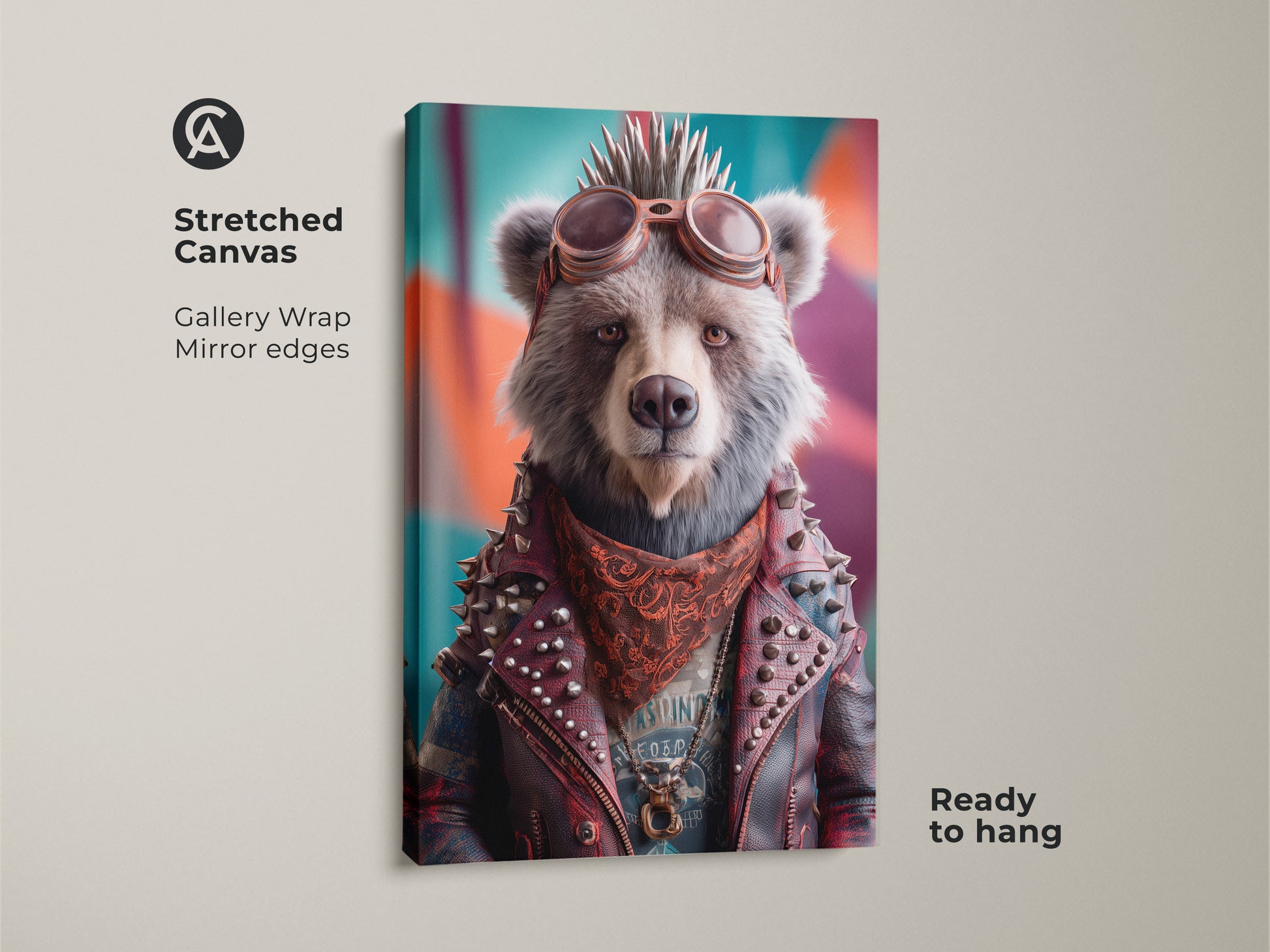 Stretched canvas of a punk bear wall art print. The biker jacket animal art makes a bold statement. This eclectic home decor art piece is ready to hang. A perfect music fan gift idea for a man cave. Gallery wrapped with mirror edges enhancing this fantasy bear artwork.