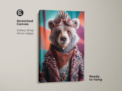 Stretched canvas of a punk bear wall art print. The biker jacket animal art makes a bold statement. This eclectic home decor art piece is ready to hang. A perfect music fan gift idea for a man cave. Gallery wrapped with mirror edges enhancing this fantasy bear artwork.
