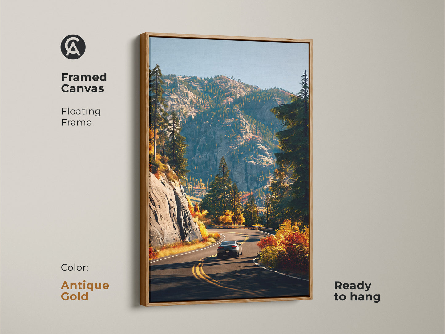Framed canvas print showing a mountain road landscape. A car navigates through autumn foliage. This ready-to-hang artwork features a white floating frame. Enhances any space with a scenic view. It is perfect for living rooms and bedrooms. A great gift for travel enthusiasts.