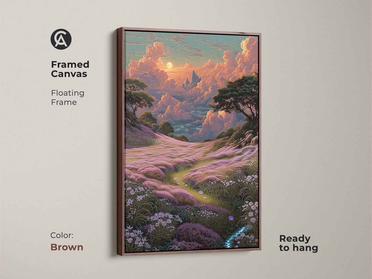Framed canvas of a fantasy landscape wall art. The dreamy cloud canvas print showcases flower field art decor. The bohemian nature scenery is pink orange and teal. It's ready to hang in a brown floating frame. The artistic landscape print features a whimsical sky. A scenic nature canvas for a housewarming gift.