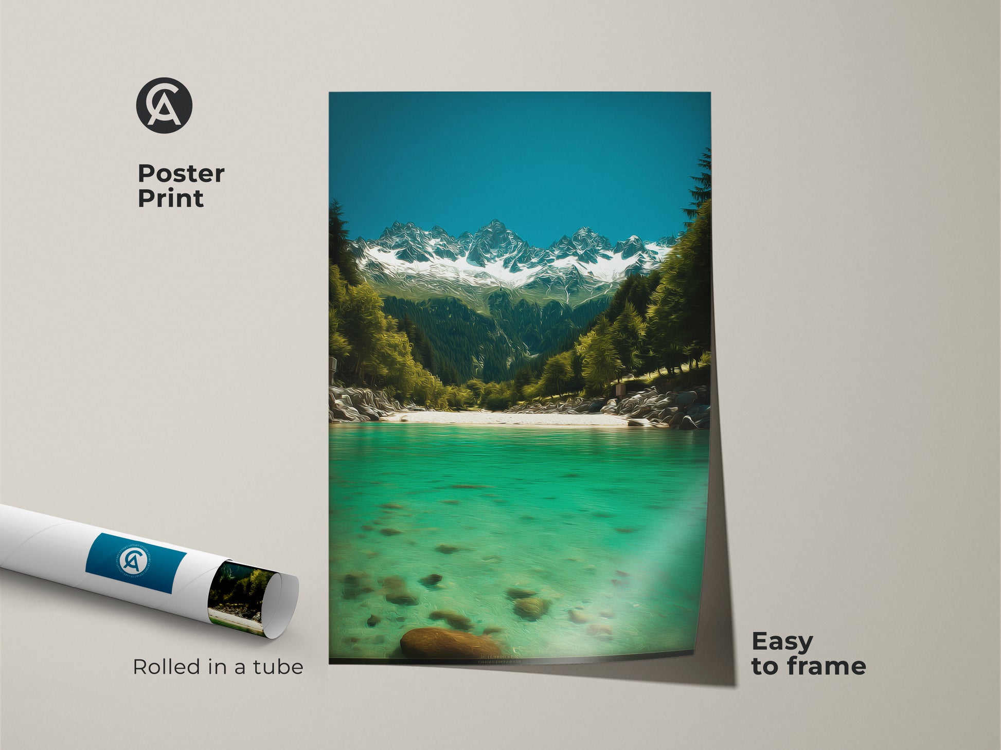 Easy-to-frame poster print showcases an emerald river scene. Deep blue sky print with snowy mountains elevates any space. Rolled in a tube this nature landscape artwork adds rich color to a modern home. A great housewarming gift.