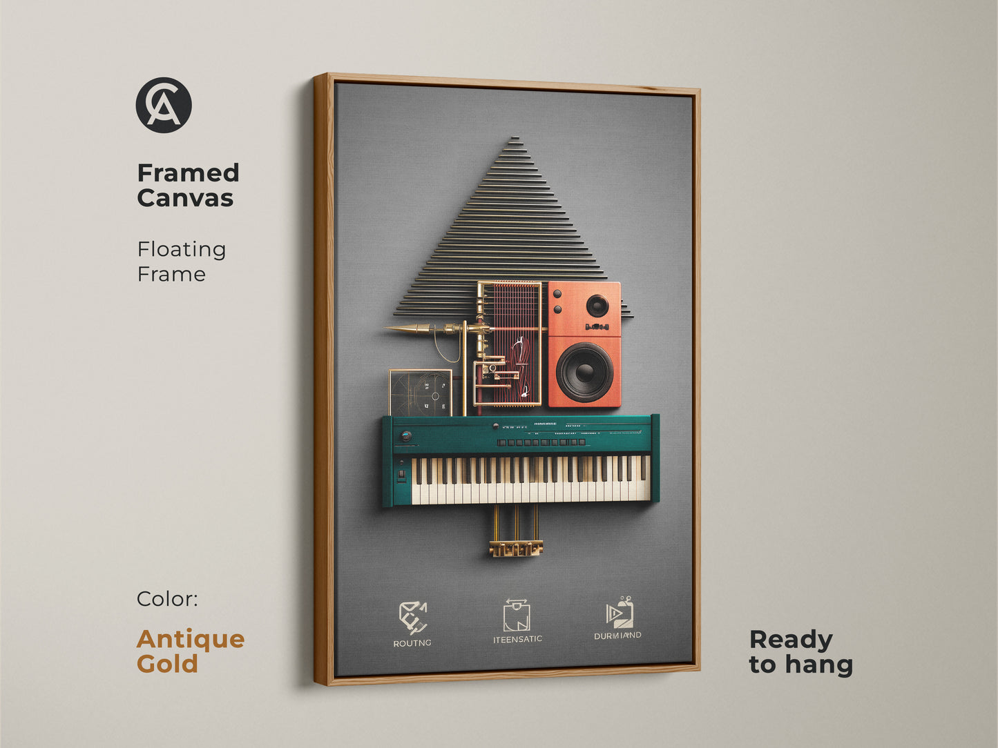 Antique Gold framed canvas featuring geometric art. Modern abstract synth art with teal orange and gold accents. Ideal for a contemporary synth art decor. This unique tech gift enhances any office music wall.