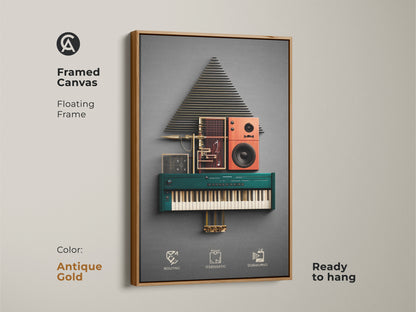 Antique Gold framed canvas featuring geometric art. Modern abstract synth art with teal orange and gold accents. Ideal for a contemporary synth art decor. This unique tech gift enhances any office music wall.