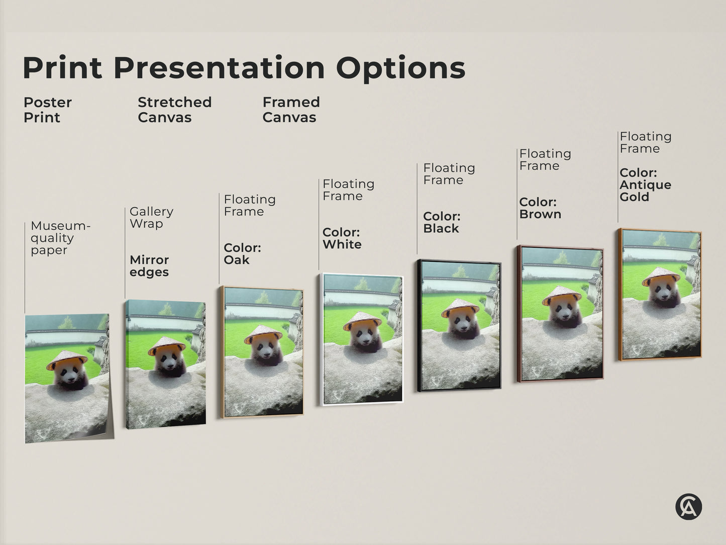 Print Presentation Options for Baby Panda Wall Art. Choose from poster print stretched canvas or framed canvas. Floating Frame options include black brown oak antique gold and white.