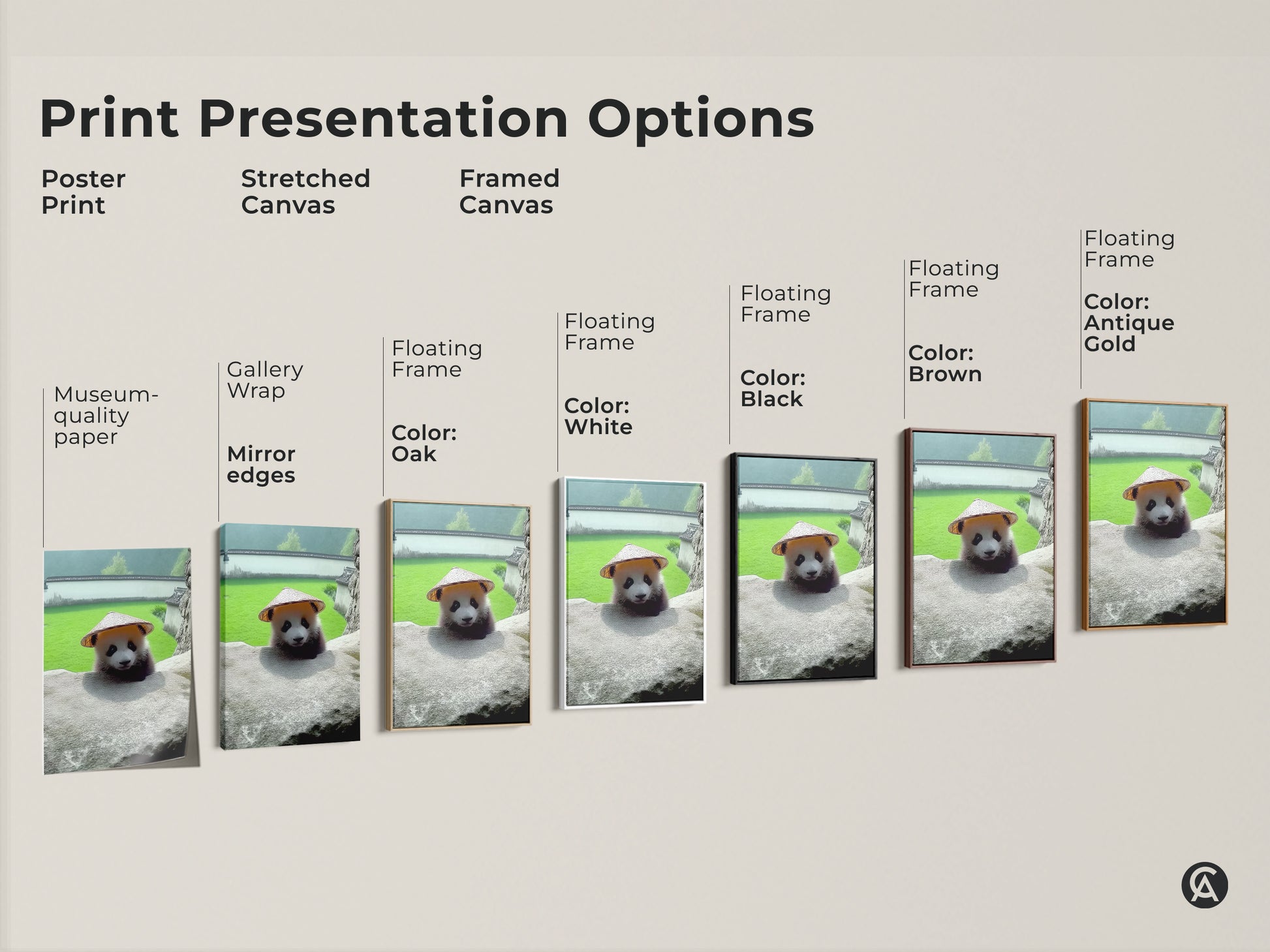 Print Presentation Options for Baby Panda Wall Art. Choose from poster print stretched canvas or framed canvas. Floating Frame options include black brown oak antique gold and white.