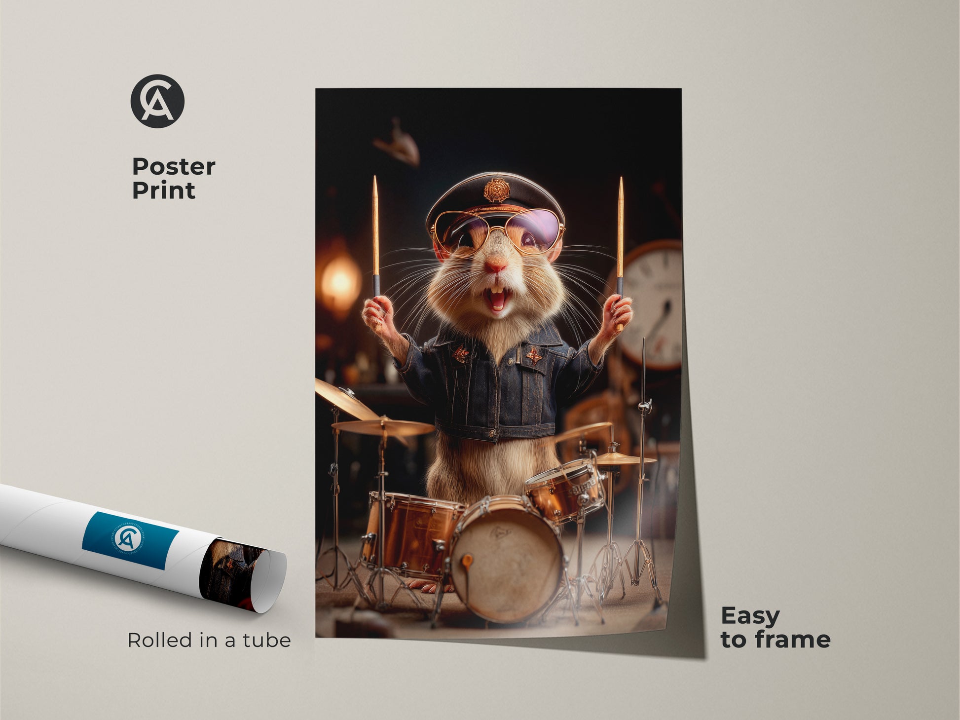Easy to frame poster print of a funny animal drummer. This quirky animal art is rolled in a tube. It’s an anthropomorphic drummer gift. It's ideal cool music art for any musician's space. Get this drummer poster print today.