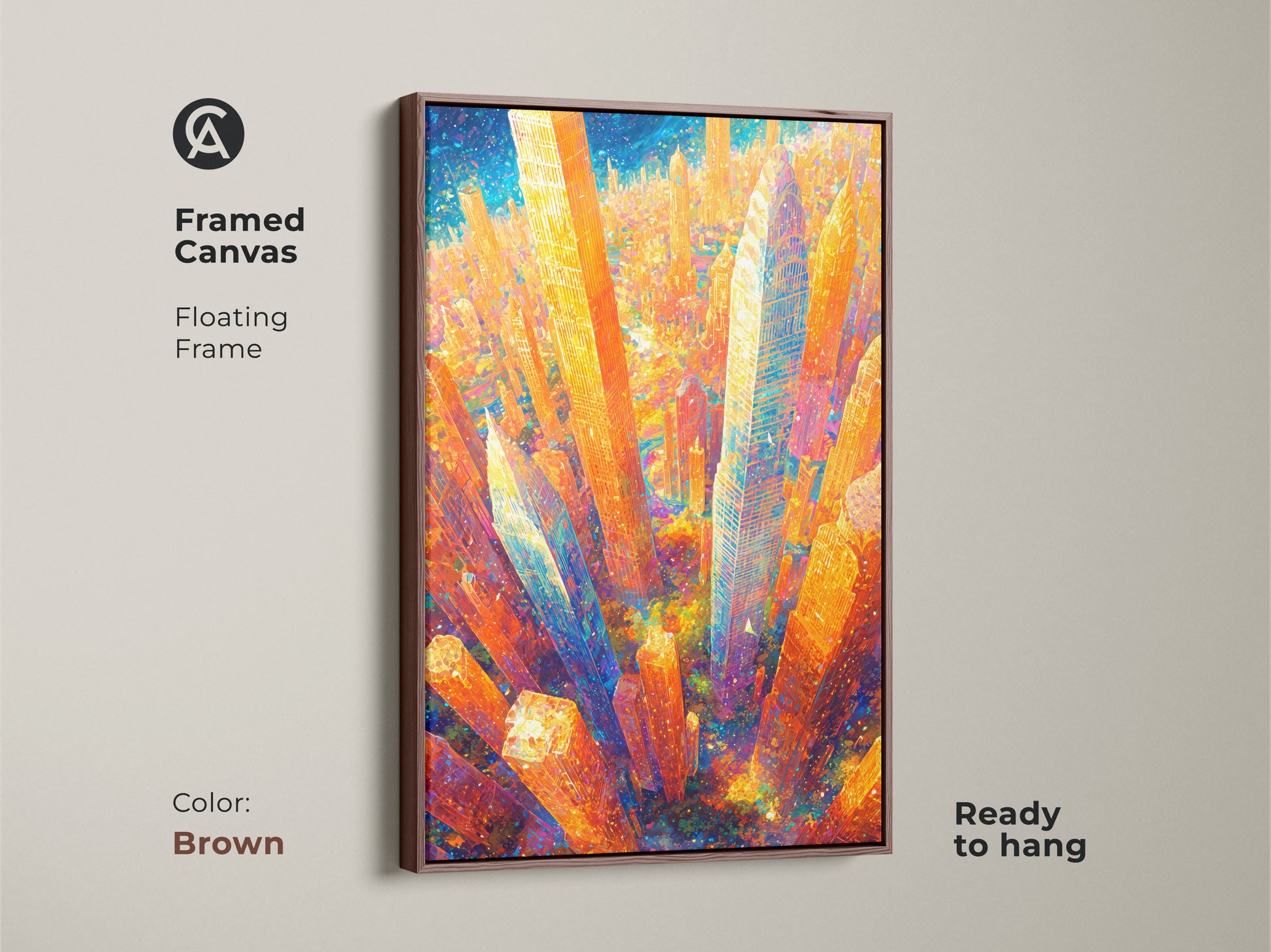 Framed canvas art featuring a dynamic cityscape is presented. A brown floating frame enhances the artwork. This ready-to-hang piece adds a sophisticated urban touch to any room.