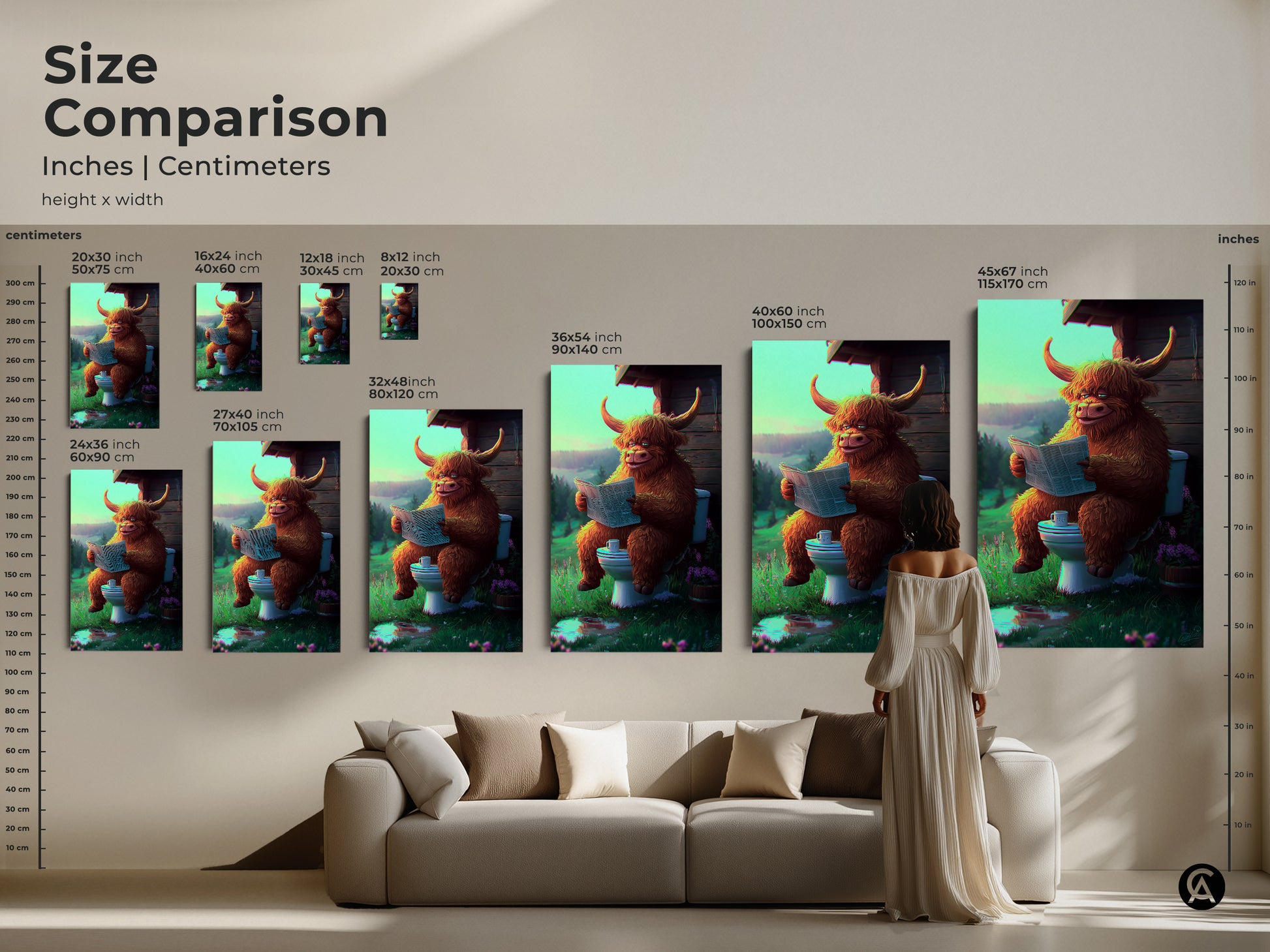 A size comparison of a Highland cow art print is showcased. Various sizes are displayed above a couch for reference. Find the perfect fit for this whimsical animal artwork. It enhances any eclectic home decor.