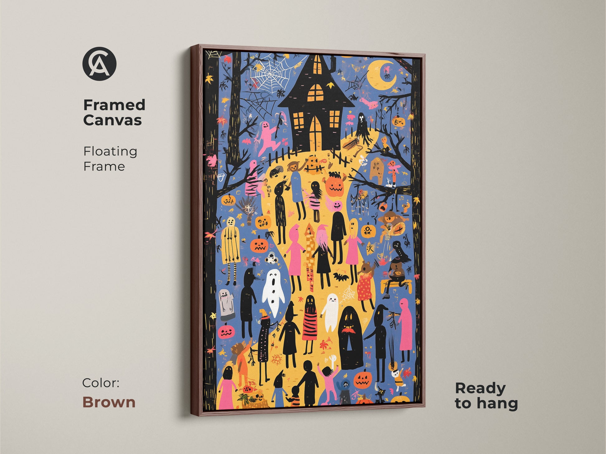 Spooky Cute Halloween Art Print with Brown Frame. The framed canvas presents ghosts pumpkins and a haunted house in vibrant colors. See the eclectic orange blue and yellow style perfect for fall. Ideal for kids room decor this Halloween art is ready to hang and adds a festive touch.