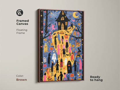 Spooky Cute Halloween Art Print with Brown Frame. The framed canvas presents ghosts pumpkins and a haunted house in vibrant colors. See the eclectic orange blue and yellow style perfect for fall. Ideal for kids room decor this Halloween art is ready to hang and adds a festive touch.