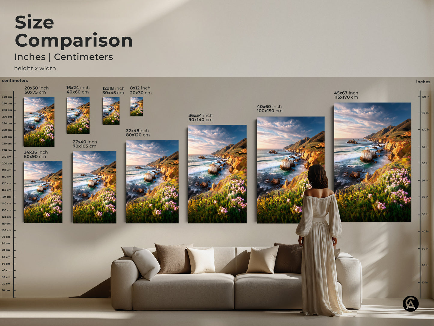 Size comparison of coastal cliff ocean art prints. See how different sizes fit above a sofa. Art ranges from 20x30 cm to 45x67 inches. Featuring vibrant wildflowers and scenic ocean views. Choose the ideal size for your coastal home decor today.