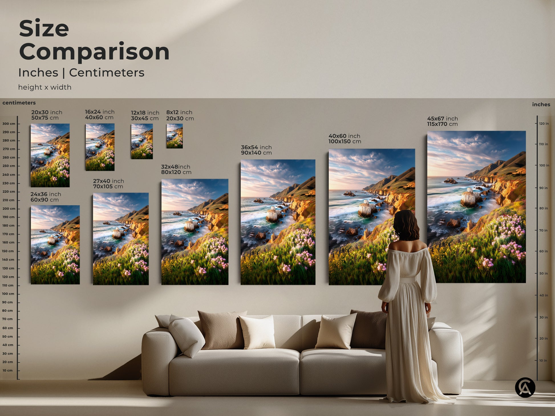 Size comparison of coastal cliff ocean art prints. See how different sizes fit above a sofa. Art ranges from 20x30 cm to 45x67 inches. Featuring vibrant wildflowers and scenic ocean views. Choose the ideal size for your coastal home decor today.