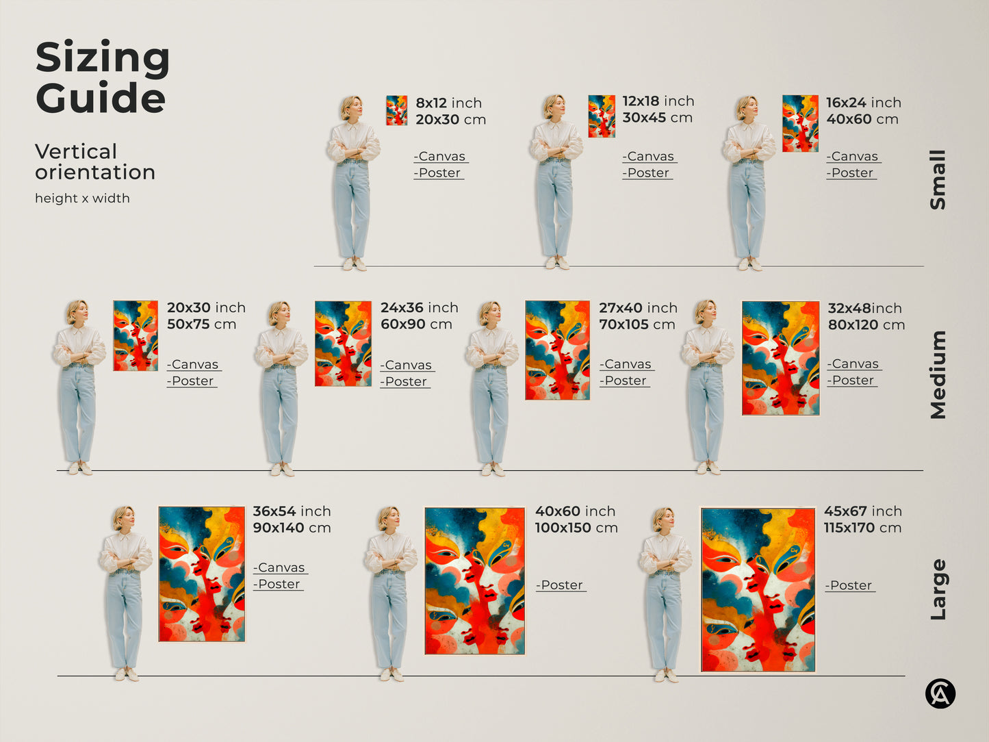A size guide for a geometric abstract faces artwork. Sizes range from small 8x12 inch to large 45x67 inch canvases and posters. Find the perfect fit for your space with this modern contemporary wall art.