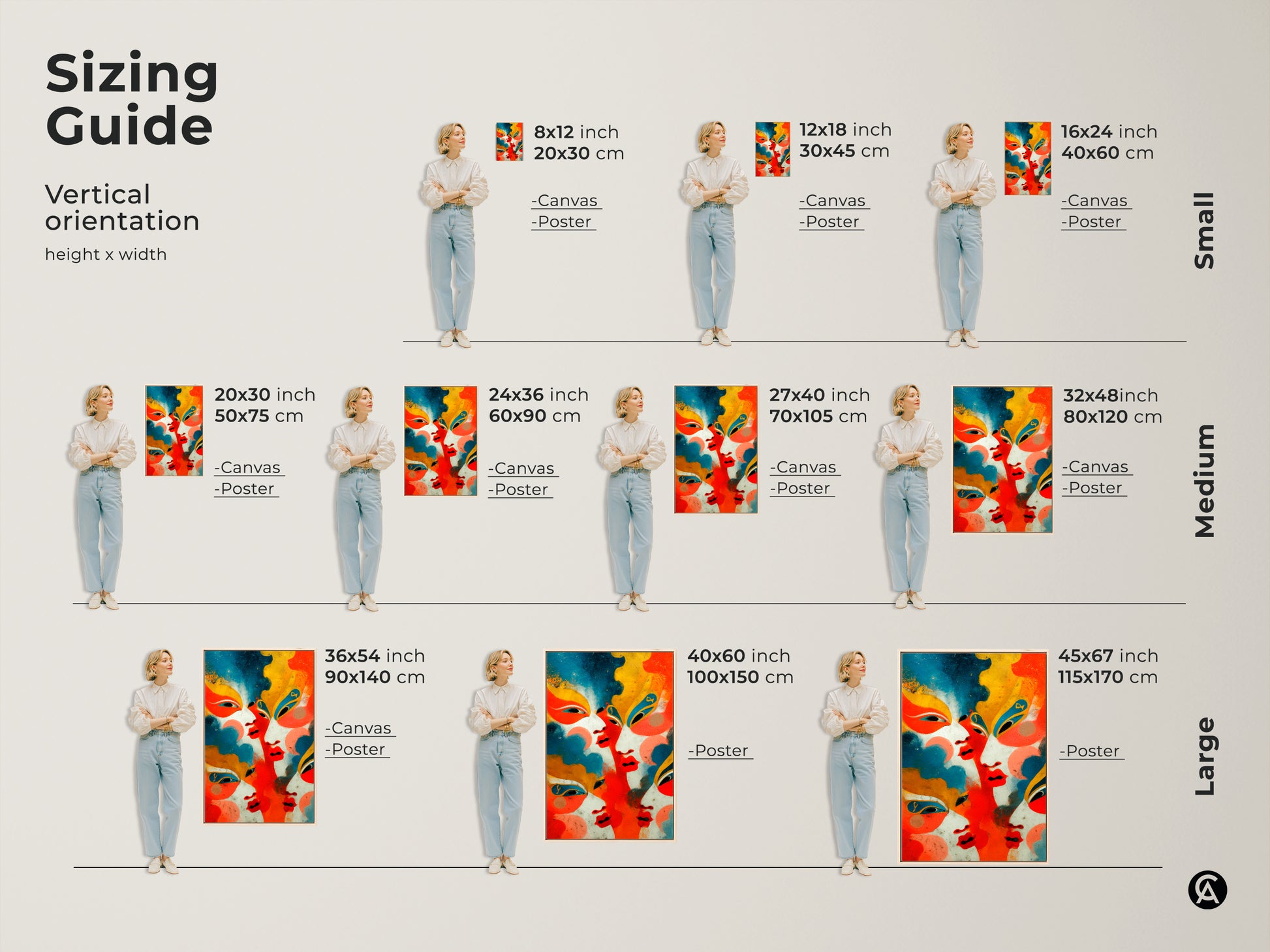 A size guide for a geometric abstract faces artwork. Sizes range from small 8x12 inch to large 45x67 inch canvases and posters. Find the perfect fit for your space with this modern contemporary wall art.