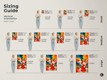 A size guide for a geometric abstract faces artwork. Sizes range from small 8x12 inch to large 45x67 inch canvases and posters. Find the perfect fit for your space with this modern contemporary wall art.