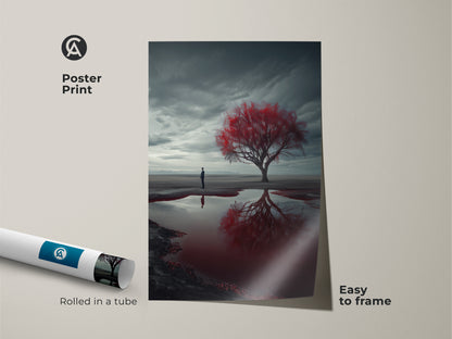 Poster print displays a surreal landscape with a red tree and a solitary man. The artwork is easy to frame and arrives rolled in a tube. This moody contemporary art piece adds introspection to your space. It is an ideal housewarming gift or addition to dark academia wall art.