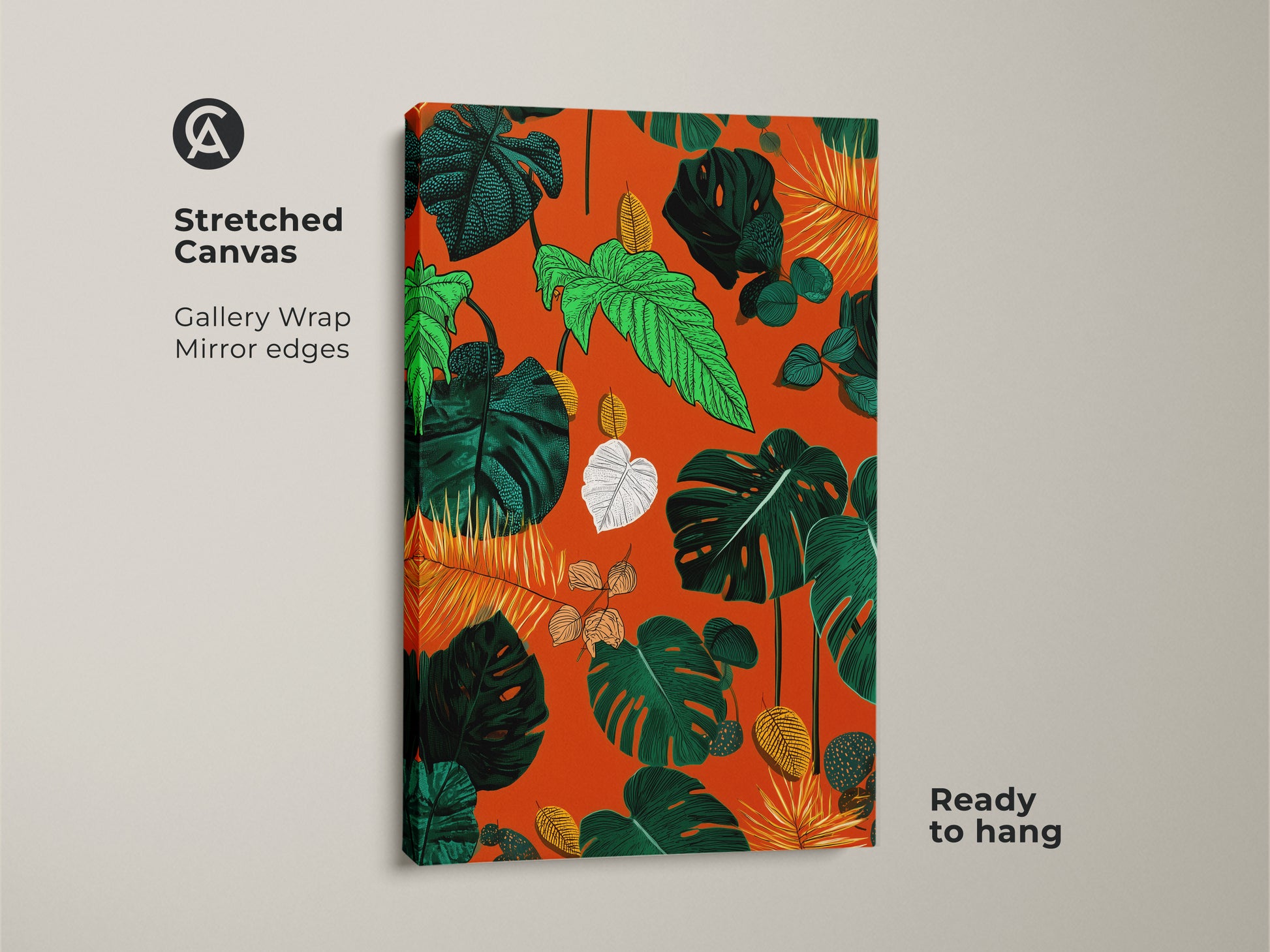Stretched canvas showcasing a boho botanical print with Monstera and fern leaves. The gallery wrap with mirror edges adds depth. Ready to hang this orange green and yellow tropical leaf wall art enhances any space. Ideal housewarming gift for plant moms seeking vibrant plant artwork.