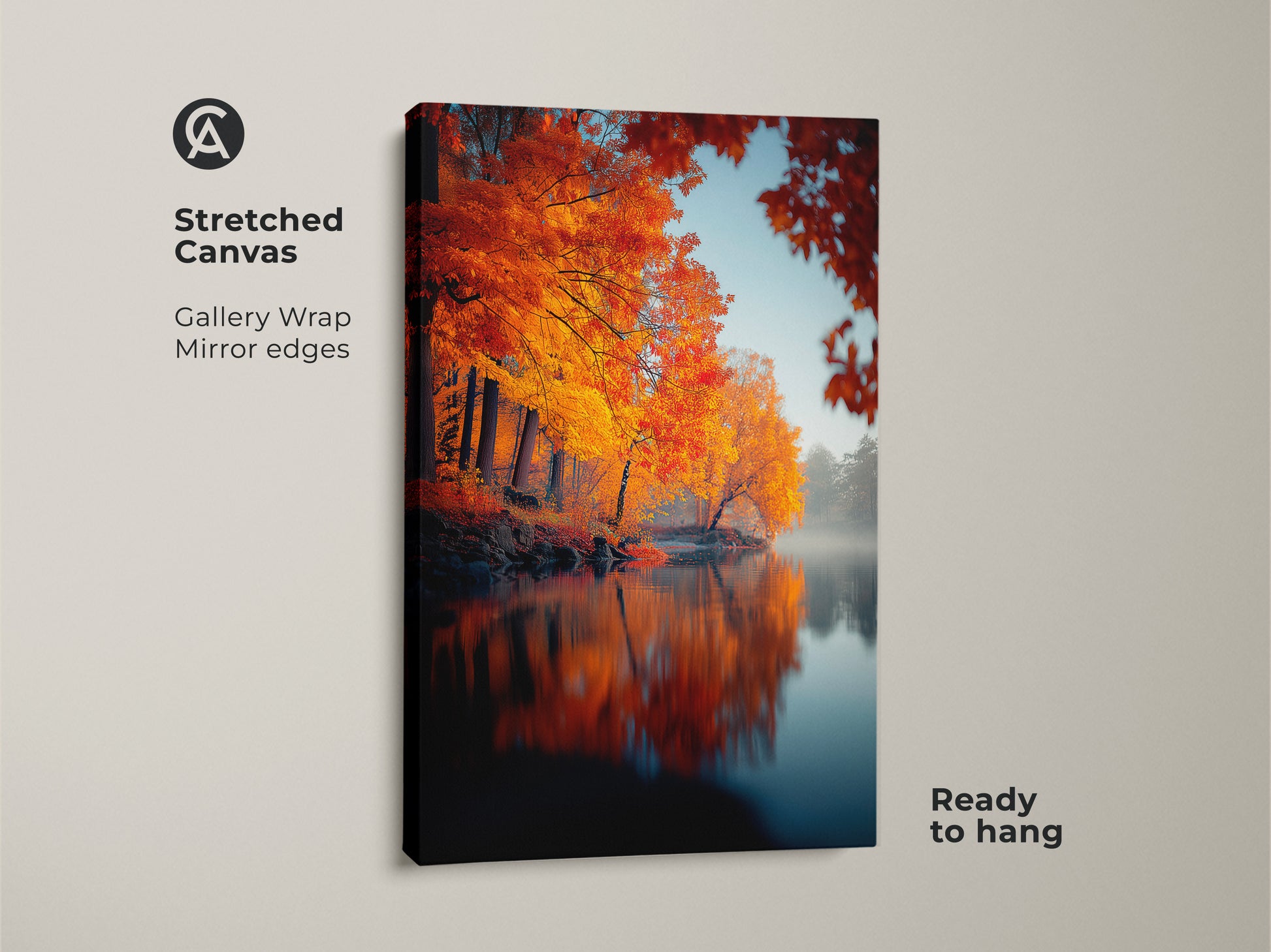 This stretched canvas features a stunning autumn landscape. The artwork showcases vibrant orange trees mirrored in calm waters. Ready to hang with gallery wrapped edges. It offers a seamless and modern look. Elevate your space with this beautiful piece of nature-inspired art.
