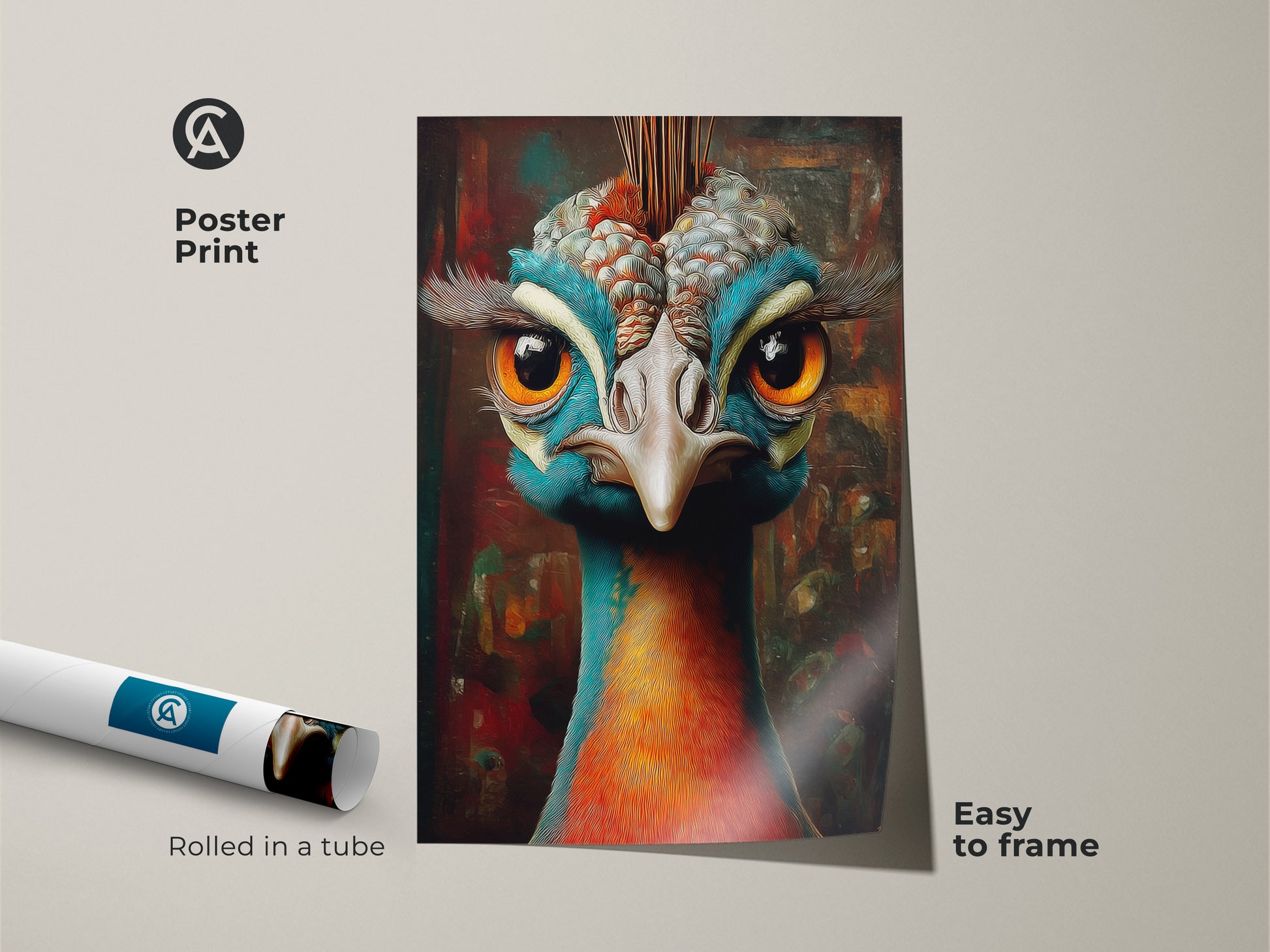Poster print of a whimsical teal orange peacock. This unique avian artwork is easy to frame. A colorful bird art print that makes a standout piece for home offices and bedrooms.