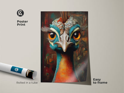 Poster print of a whimsical teal orange peacock. This unique avian artwork is easy to frame. A colorful bird art print that makes a standout piece for home offices and bedrooms.