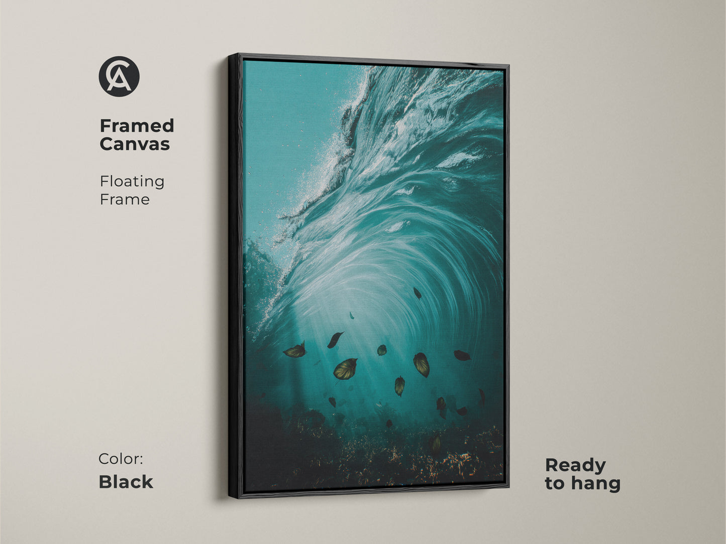 Framed canvas of underwater ocean wave art. The black floating frame shows teal aqua wall decor. Fish and swirls create a surrealism style. Perfect for a deep teal bedroom or aqua living room.