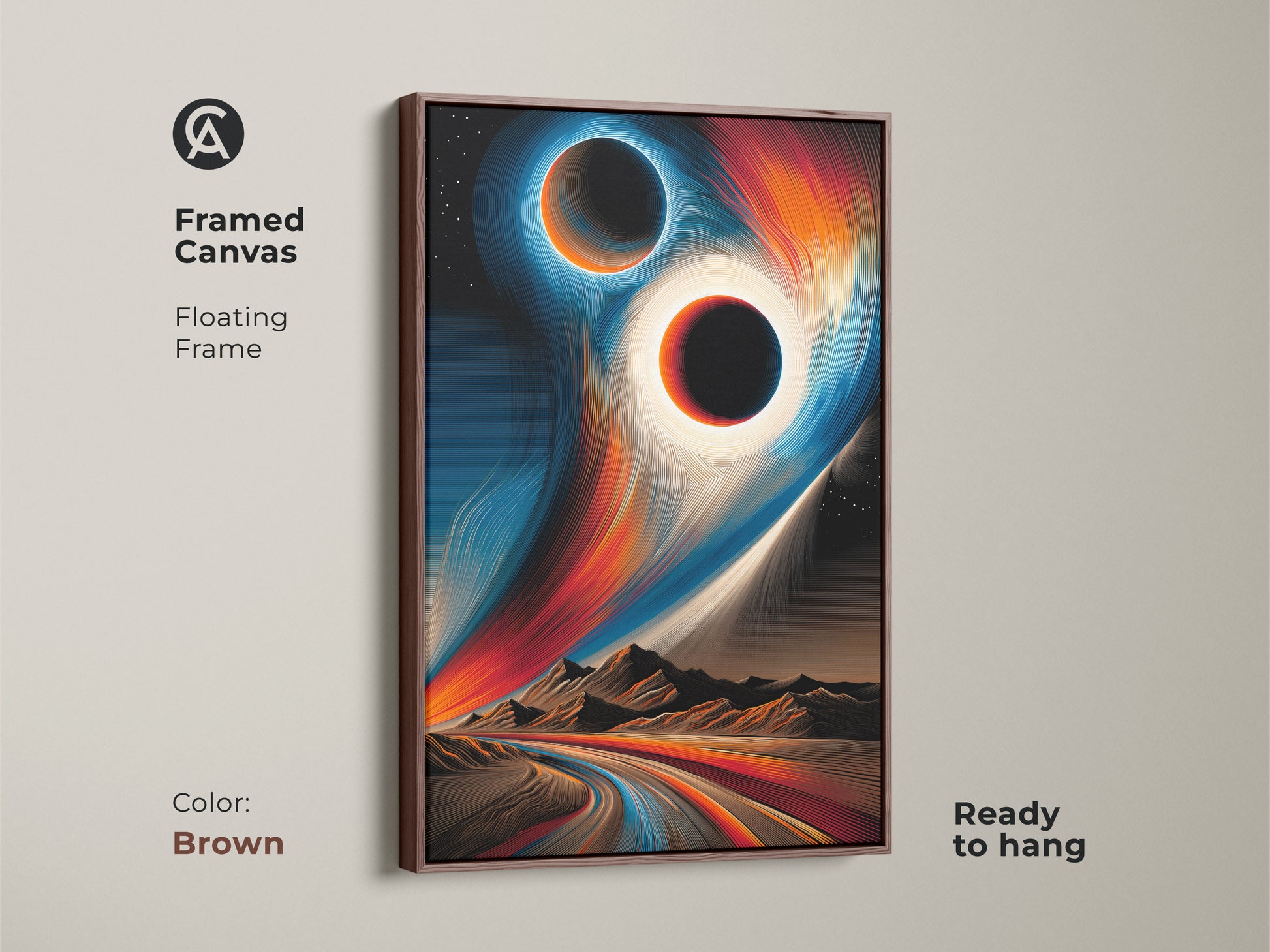 Framed canvas with a floating frame in brown. A ready to hang piece of abstract space art. It showcases a celestial eclipse. Perfect for contemporary office decor. A unique universe wall hanging.