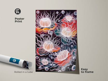 Poster print of abstract jellyfish art. Rolled in a tube it is easy to frame. The surreal underwater theme is perfect for eclectic wall hanging. With coral orange and teal colors it makes a unique abstract artwork. A deep teal accent decor choice that brings marine life vibes. Great as a birthday gift for her.