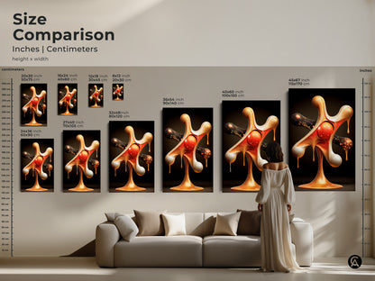 Compare sizes of the abstract gold red nebula canvas art in inches and centimeters. See how the surreal space artwork fits above a sofa and with a person for scale. Choose from various dimensions to enhance your space with this cosmic office artwork.