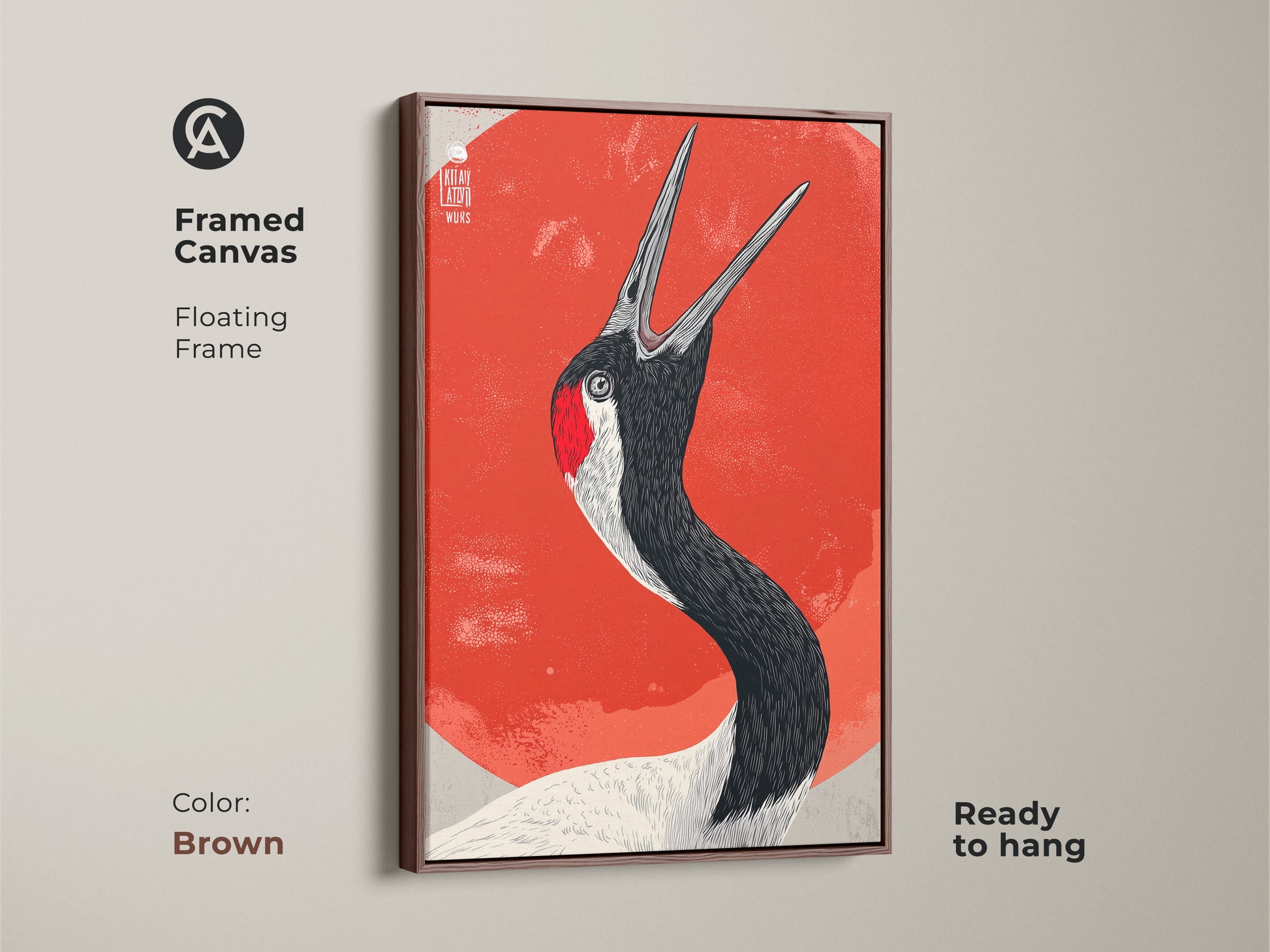 Framed Canvas featuring Japanese Crane wall art displayed in a brown floating frame. This bird artwork red orange brings nature and wildlife to any room. Perfect as a housewarming gift canvas. Add folk art to your decor.