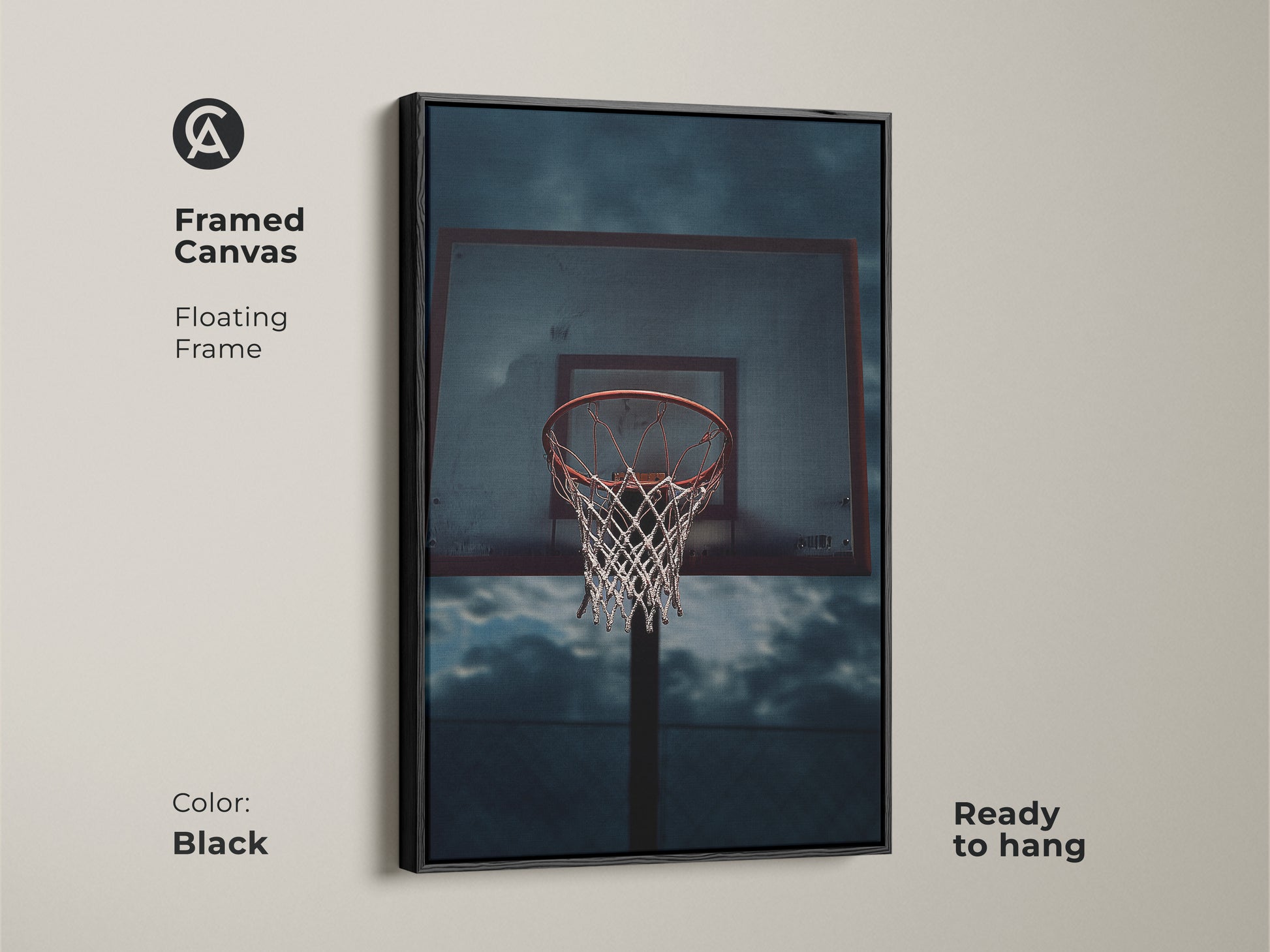 Framed canvas with a floating frame showcasing basketball art. Perfect gym wall art for athletes or man cave wall decor. This industrial-style basketball hoop artwork is ready to hang. The artwork has a black frame.
