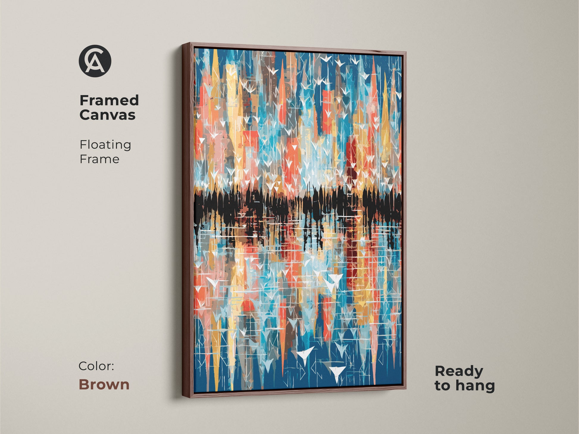 Brown floating frame highlights the modern abstract canvas. The bird cityscape reflection art uses teal yellow and orange tones. This framed canvas is ready to hang bringing geometric style to your living space. Ideal for modern decor.