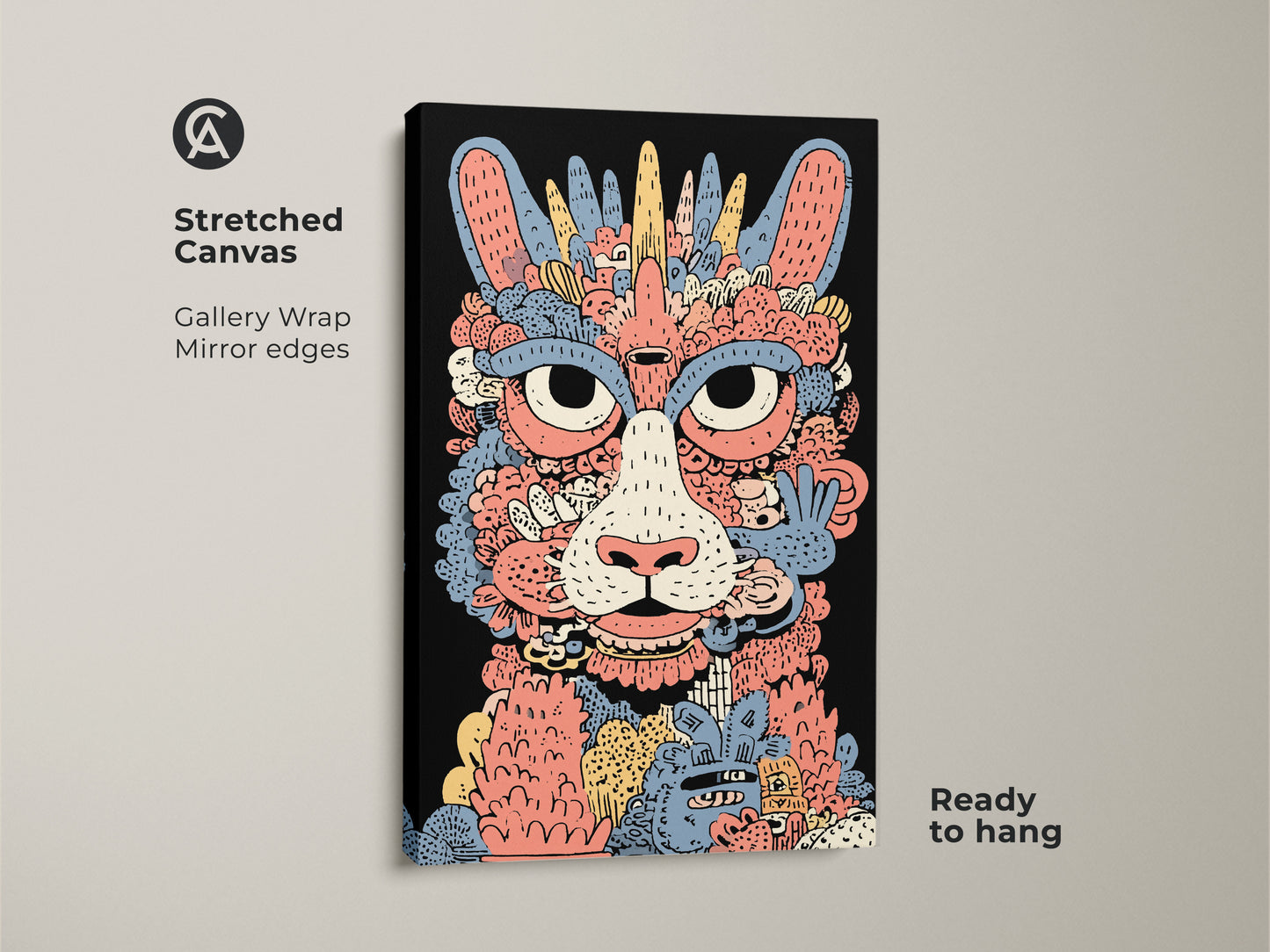 Stretched canvas art print of a doodle cat monster. This abstract monster wall art features coral yellow and blue hues. The eclectic home decor piece is ready to hang. Its gallery wrap and mirror edges add a modern touch. A perfect gift for eclectic art collectors.