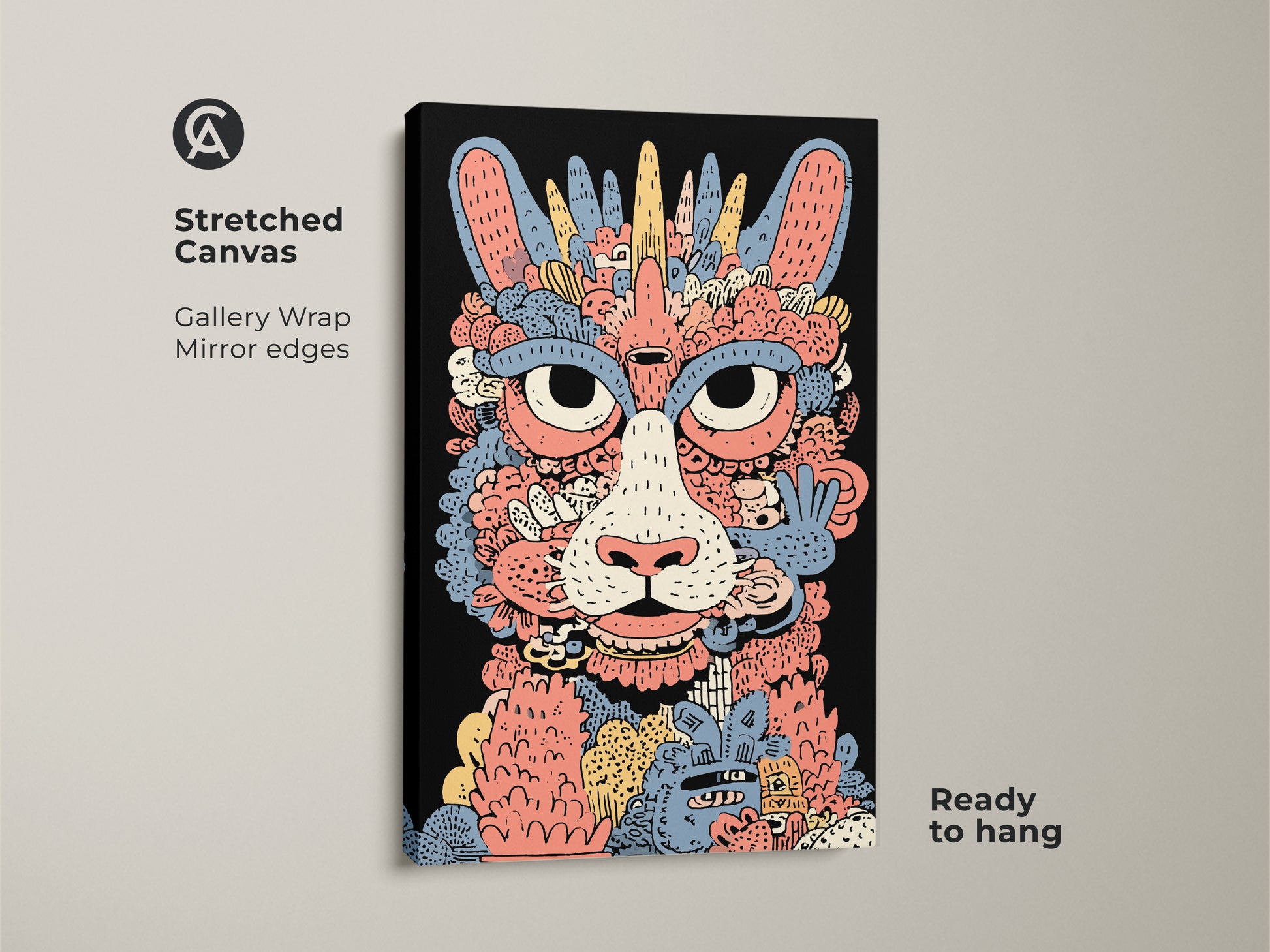 Stretched canvas art print of a doodle cat monster. This abstract monster wall art features coral yellow and blue hues. The eclectic home decor piece is ready to hang. Its gallery wrap and mirror edges add a modern touch. A perfect gift for eclectic art collectors.