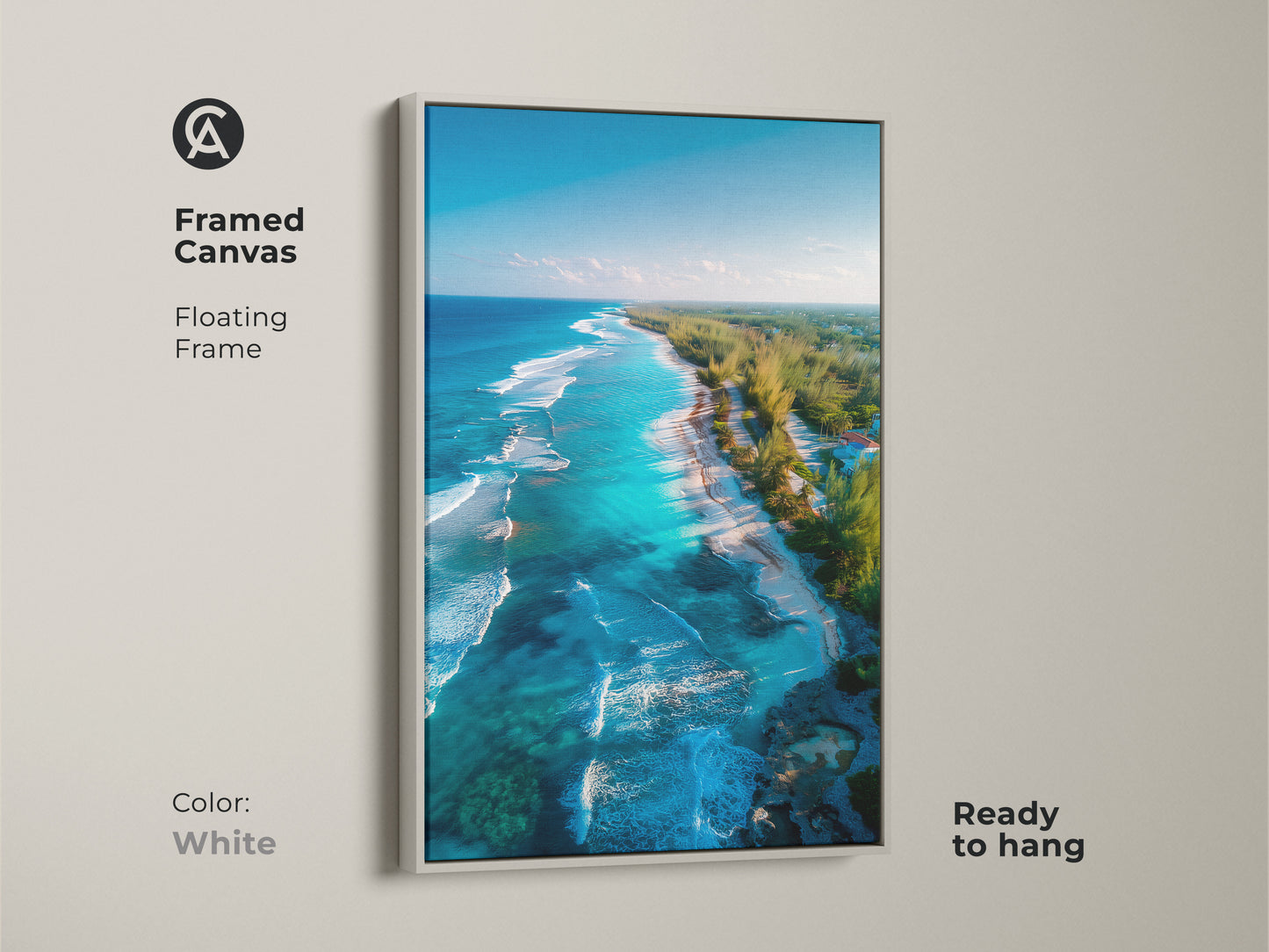 Framed canvas art with a floating frame in white showcasing a serene beach scene. The aerial beach artwork is ready to hang. This piece brings a fresh and clean look to your space. The floating frame complements the art perfectly.