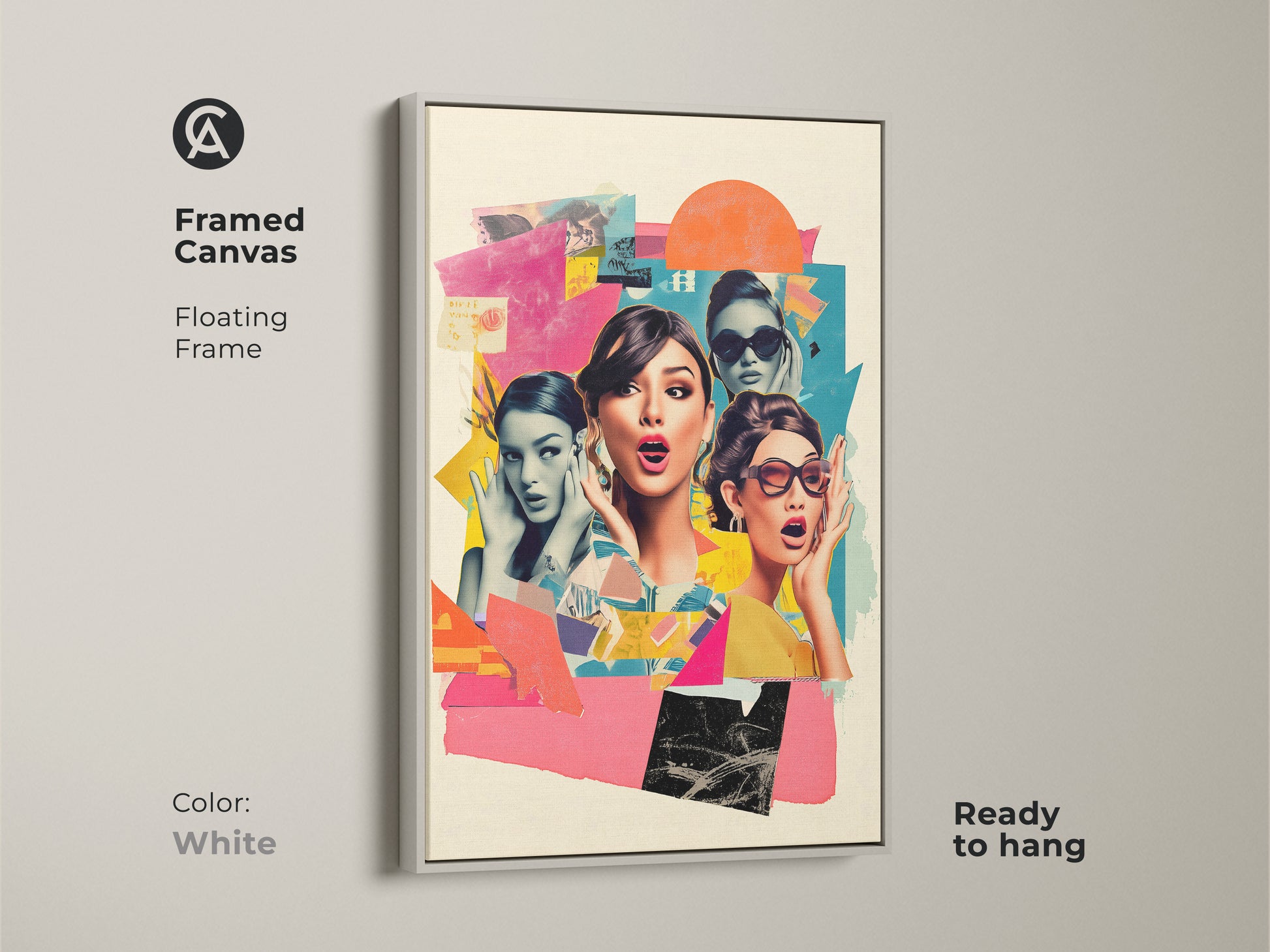 Framed canvas with a white floating frame displaying retro pop art. It features surprised women in a vibrant collage. Ready to hang this eclectic home decor art is a chic fashion artwork.