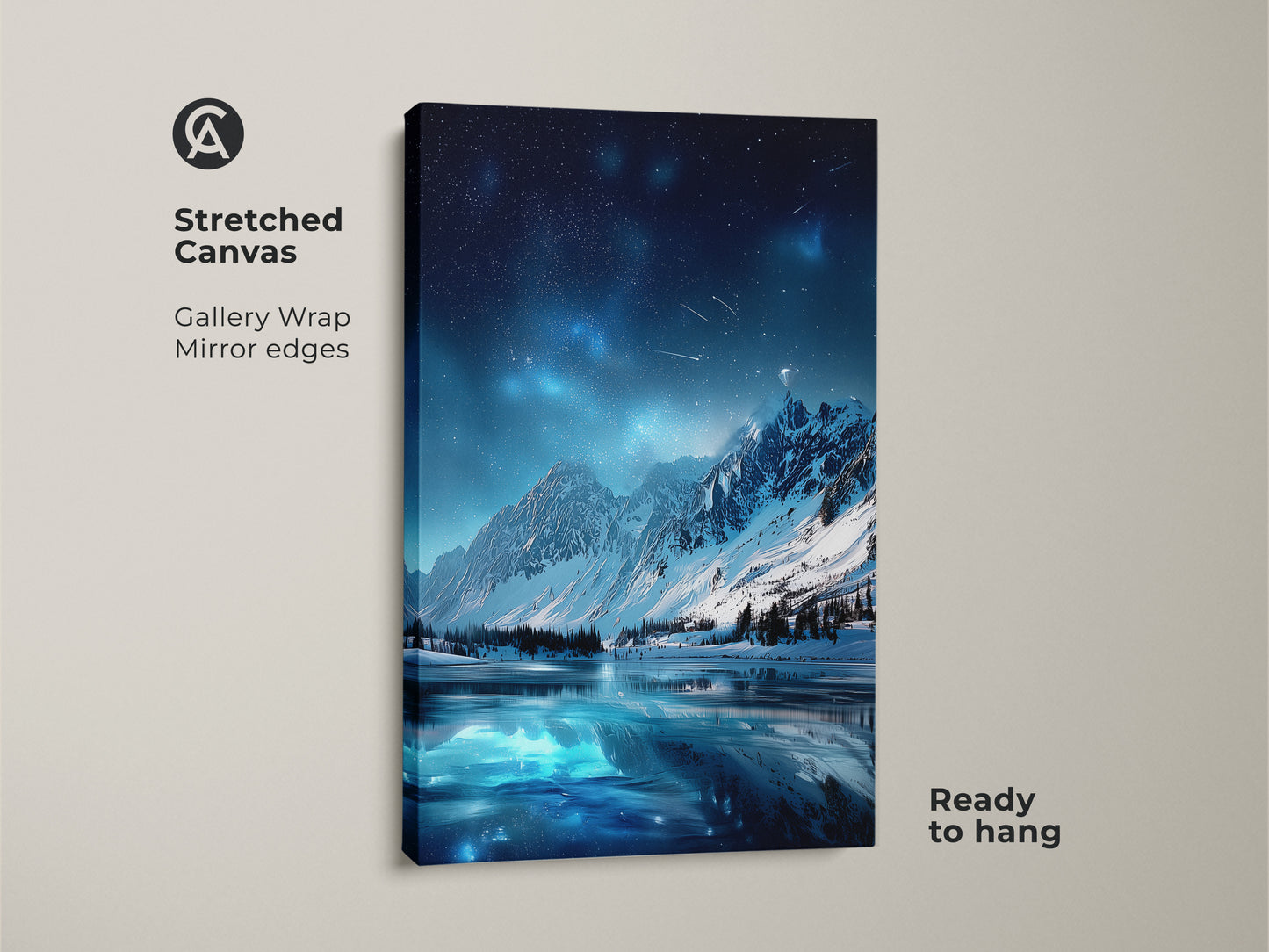 A stretched canvas featuring Starry Night Sky Over Mountain Lake. This midnight blue lake canvas is ready to hang. It has a gallery wrap and mirror edges. Ideal fantasy landscape wall art for living rooms.