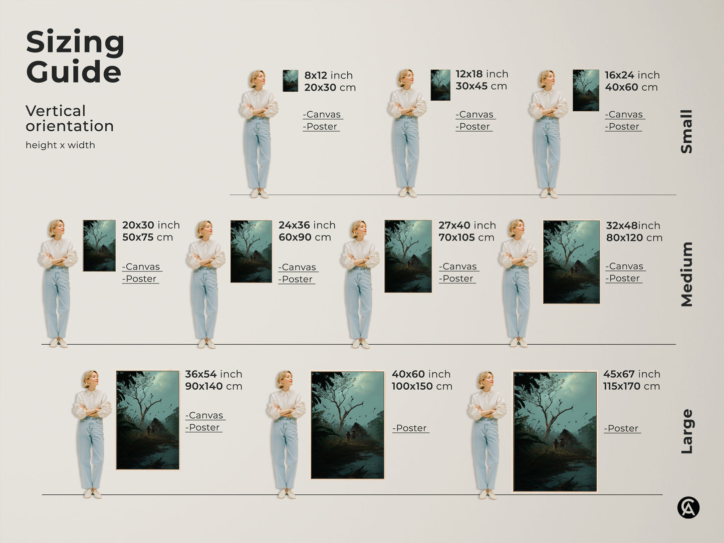 Sizing guide for the dark fantasy wall art. Available in small medium and large sizes. This tribal figures art print is perfect for any space. Misty blue teal artwork adds an eclectic touch to study room decor. Find the perfect fit for your adventure landscape canvas.