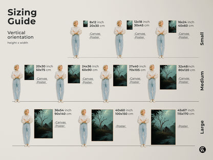 Sizing guide for the dark fantasy wall art. Available in small medium and large sizes. This tribal figures art print is perfect for any space. Misty blue teal artwork adds an eclectic touch to study room decor. Find the perfect fit for your adventure landscape canvas.