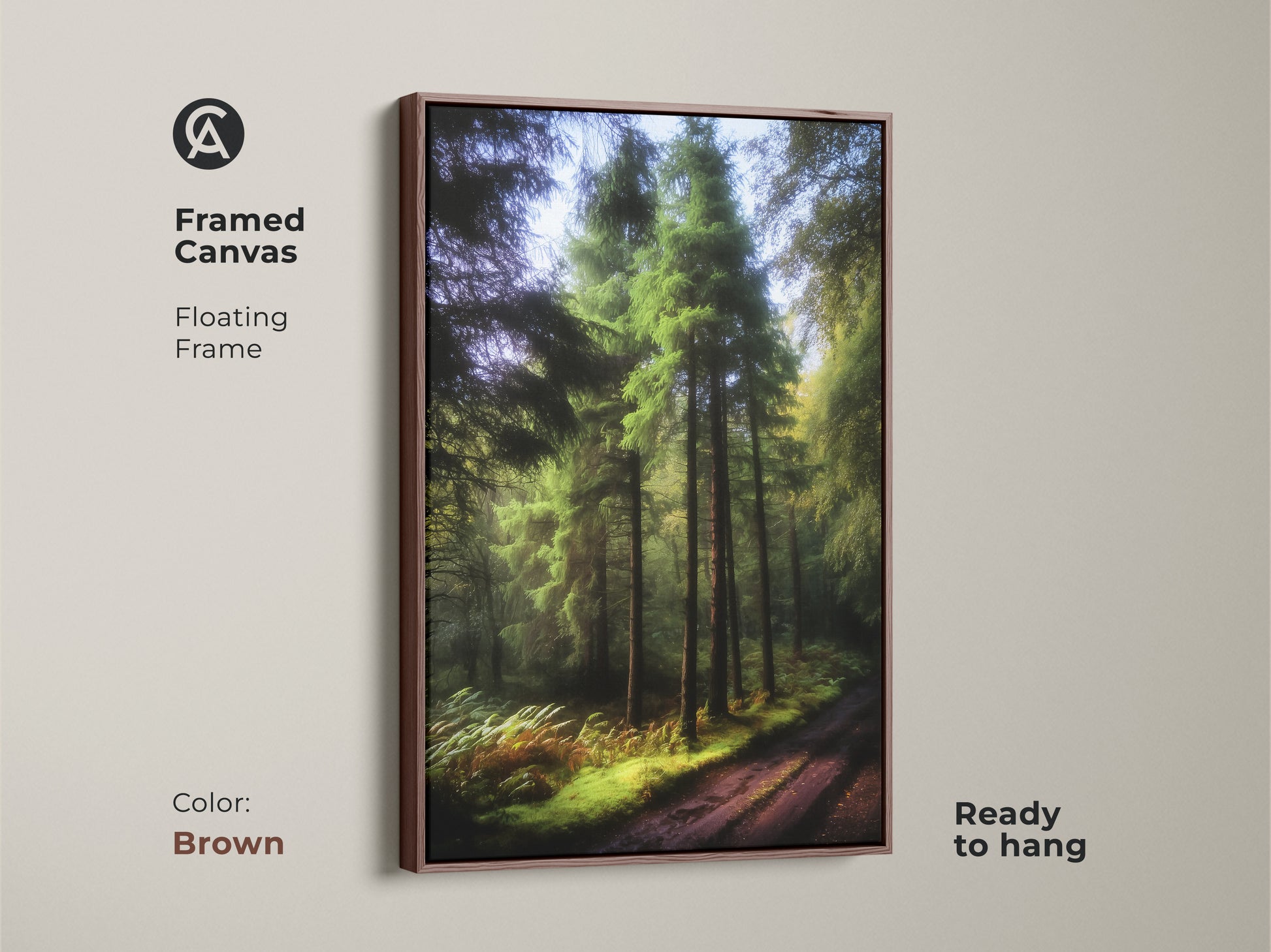 Framed canvas with a rustic forest path. The emerald green pine trees create a serene landscape. Brown floating frame complements the nature artwork. Ready to hang for easy decor. The perfect housewarming gift for outdoor enthusiasts.