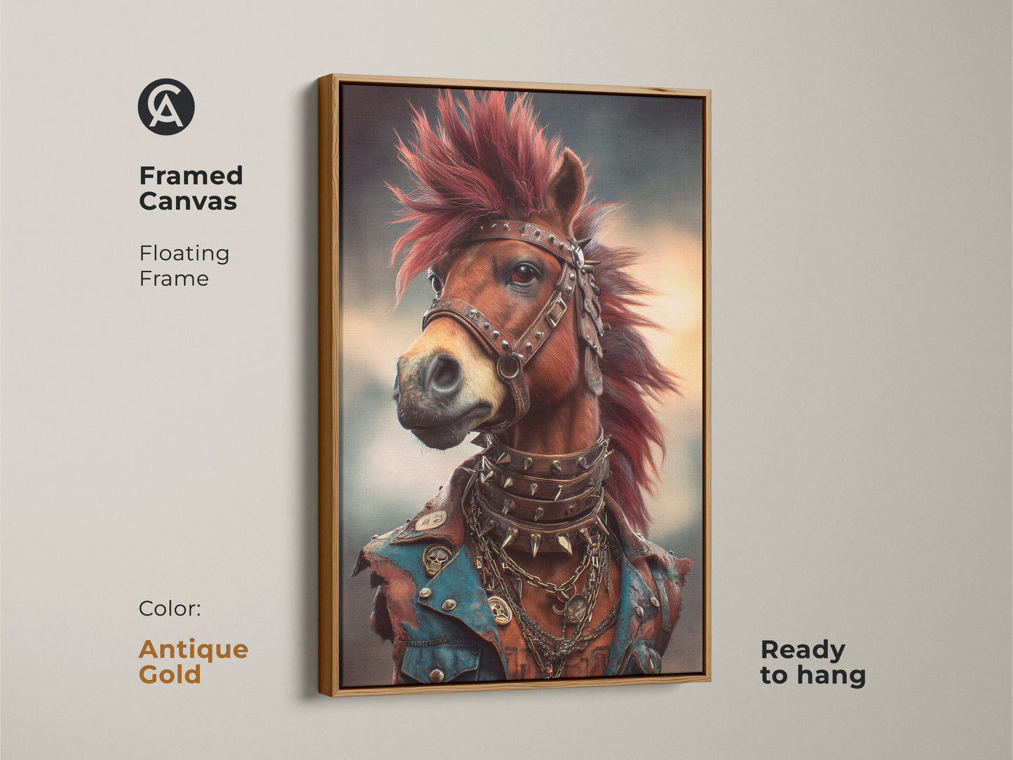 Framed Canvas of a studded leather horse art. The punk rock horse with a red mohawk is ready to hang. Displaying the antique gold floating frame. This gothic horse art makes a great birthday gift for him.
