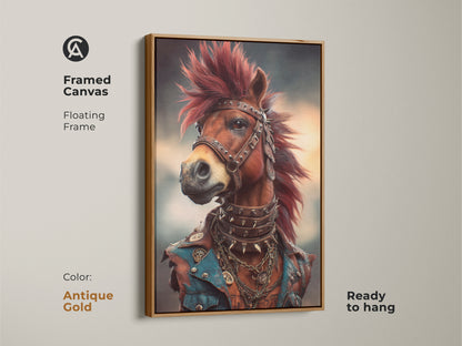 Framed Canvas of a studded leather horse art. The punk rock horse with a red mohawk is ready to hang. Displaying the antique gold floating frame. This gothic horse art makes a great birthday gift for him.