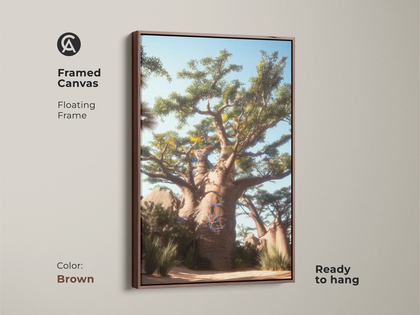 Framed Canvas showcasing a Baobab Tree Wall Art with a brown floating frame. The Desert Landscape Canvas Print is ready to hang. This nature-inspired artwork adds an exotic touch to living rooms or offices.